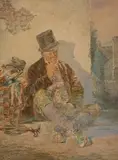J.H. Barnes, Study of a Seated Vagabond smoking a Clay Pipe, watercolour