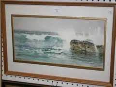 F. William Sturge, Coastal View with Waves crashing against Rocks, watercolour