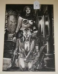 James Newton, Bride of the Devil' (Gothic Interior with a Dominatrix standing over a Bound and Blindfolded Naked Female), pen, ink and wash
