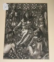 James Newton, The Silver Balls' (Interior Scene with Five Naked or Semi-naked Maidens, with Chains, Egyptian Collars and Silver Balls), pen, ink and wash