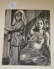 James Newton, Vampire' (Interior Scene with a Partially-clad Woman and a Fanged Girl in Pyjamas holding a Teddy Bear), pen, ink and wash
