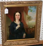 Henry Hainsselin, Portrait of a Young Lady seated at a Table beside a Window revealing a Landscape, oil on panel