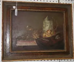 Gyula Boros, Still Life Study of a Tankard, Fruit and Other Objects on a Marble Ledge