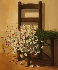 Marcel Georges Hue, Study of Flowers on a Chair, oil on canvas