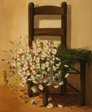 Marcel Georges Hue, Study of Flowers on a Chair, oil on canvas