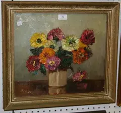 Mary E. Oddie, Still Life Study of Zinnias in a Mug, oil on board