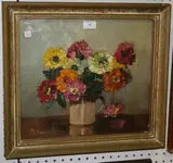 Mary E. Oddie, Still Life Study of Zinnias in a Mug, oil on board