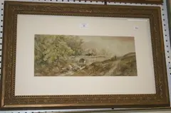 Henry Earp Senior, Fisherman approaching a Figure and Two Horses on a Bridge, possibly Scotland, watercolour