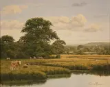 Paul Morgan, Landscape with Cattle on the Bank of a River, oil on canvas