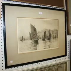 William Lionel Wyllie, Fishing Luggers, Dover, monochrome etching