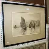 Fishing Luggers, Dover by William Lionel Wyllie, monochrome etching, sold Jan 2013
