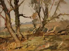 Edward Wesson, Willows at Burcombe, oil on board