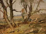 Edward Wesson, Willows at Burcombe, oil on board