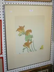 Philip Sheffield, Study of a Frog perched on the Stem of an Iris near a Brimstone Butterfly, screen print