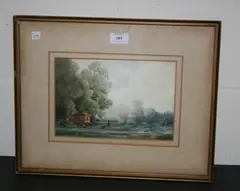 J. Hall Evans Brown, Landscape with Figures near a Gypsy Caravan, watercolour