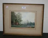 J. Hall Evans Brown, Landscape with Figures near a Gypsy Caravan, watercolour