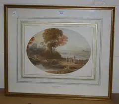 Francis O. Finch, Oval Classical Landscape with Figures near Sheep, watercolour over pencil