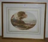 Francis O. Finch, Oval Classical Landscape with Figures near Sheep, watercolour over pencil