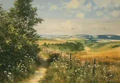 Andrew Dandridge, Towards Arundel from Amberley Mount, watercolour with gouache