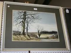 David Green, Winter Trees nr Riseley, watercolour and ink