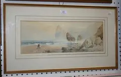 William H. Pike, Coastal View with Figures near Rocks, watercolour