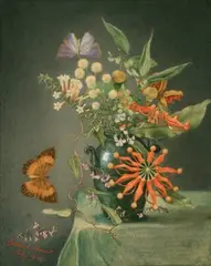 Catherine Devine, Still Life Study of Exotic Flowers and Two Butterflies, watercolour with touches of gouache