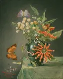 Catherine Devine, Still Life Study of Exotic Flowers and Two Butterflies, watercolour with touches of gouache