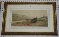 M. Davison, View of a Village and River with Boats in the foreground, watercolour