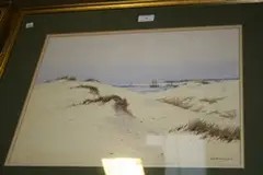 William Samuel Parkyn, View of Sailing Vessels in an Estuary from Sand Dunes, watercolour