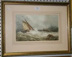 Edward A. Swan, Coastal View with a Figure in a Sailing Boat heading towards a Harbour in Stormy Waters, watercolour