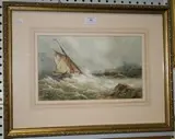 Edward A. Swan, Coastal View with a Figure in a Sailing Boat heading towards a Harbour in Stormy Waters, watercolour