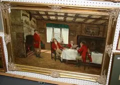 E. Larroguz, View of an Interior with Huntsmen drinking Coffee, oil on canvas