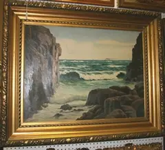 Osvald Mathiesen, Coastal View with a Rocky Cove, a Steamer on the Horizon, oil on canvas