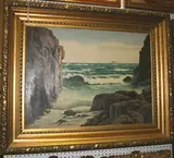 Osvald Mathiesen, Coastal View with a Rocky Cove, a Steamer on the Horizon, oil on canvas