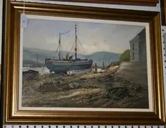 Keith Burtonshaw, View of a Fishing Boat at Low Tide, oil on board