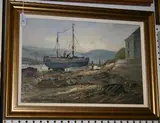 Keith Burtonshaw, View of a Fishing Boat at Low Tide, oil on board