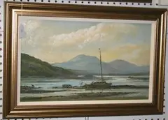 Keith Burtonshaw, View of a Man, a Dog and a Boat, oil on board