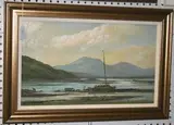 Keith Burtonshaw, View of a Man, a Dog and a Boat, oil on board