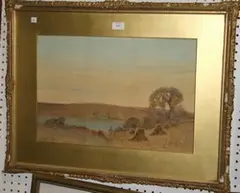 A. Haselgrave, Figures walking towards a Cottage past Corn Stooks, watercolour