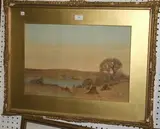 A. Haselgrave, Figures walking towards a Cottage past Corn Stooks, watercolour