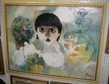Bernard Stern, Portrait of a Woman surrounded by Doves and beside Goldfish in a Bowl, oil on canvas