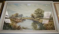 E. Johns, Landscape with River and Boatmen, watercolour