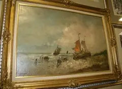 Harrij van Dongen, View of a Windswept Coastline with Figures and Boats, oil on canvas