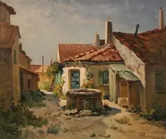 Mario Pinetti, Domino, Ile d'Héron' (View of a Farmstead with Well and Outbuildings), oil on canvas