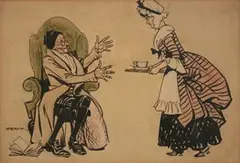H. M. Brock, Cocoa Advertisement with a Maid delivering a Tray to a Seated Gentleman, pen, ink and watercolour over pencil
