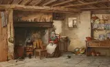 Haynes King, Cottage Interior with a Woman knitting beside a Fireplace, 1880, watercolour and gouache