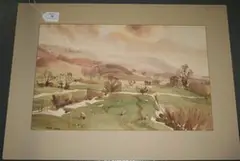 Angus Rands, Landscape with Sheep, watercolour over pencil traces