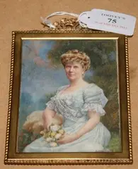 E. Strellett, Miniature Three-quarter Length Portrait of a Lady wearing a Blue Silk and White Lace Dress, watercolour on ivory