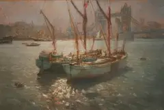 W. Holmes, View of Barges on the River Thames, Tower Bridge beyond, pastel