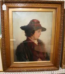 Alice I. Grey, Half Length Portrait of a Youth wearing a Hat, oil on canvas